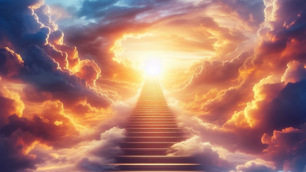 The way to the father, a stairway ascending to the heavers towards a beautiful warming light