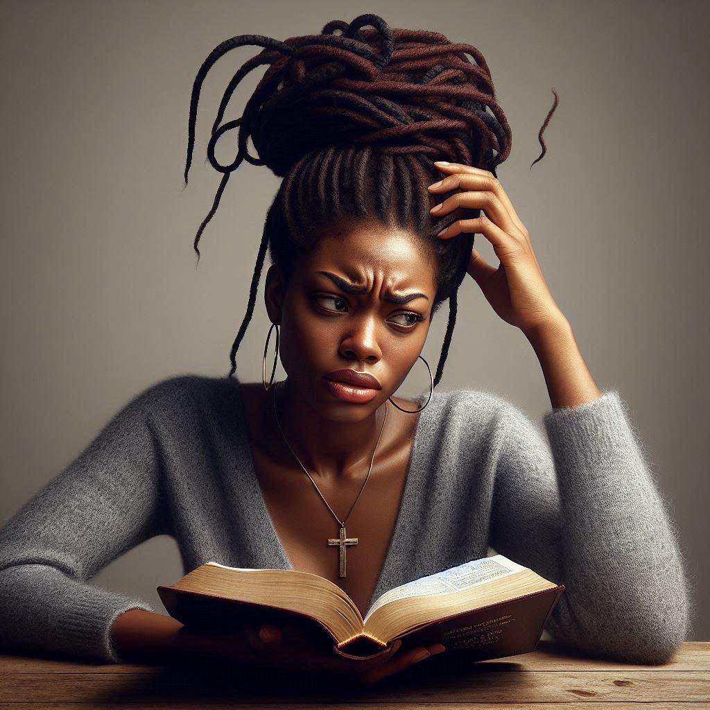 Image generated with Microsoft CoPilot. A woman deeply inquiring within herself while studying the Bible.